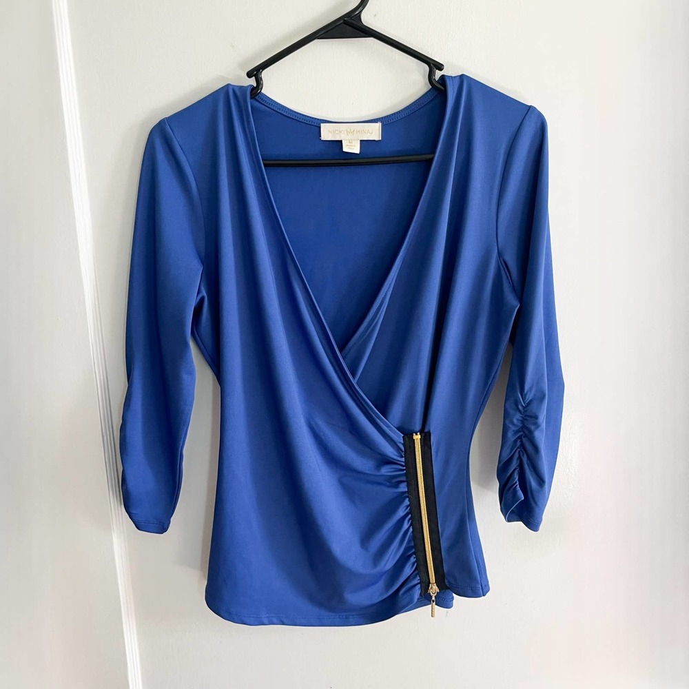 Nicki Minaj Blue Runched Zipper Blouse Medium